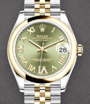 Datejust 31mm in Steel with Yellow Gold Domed Bezel on Jubilee Bracelet with Green Roman Dial - Diamonds on 6