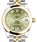 Datejust 31mm in Steel with Yellow Gold Domed Bezel on Jubilee Bracelet with Green Roman Dial - Diamonds on 6