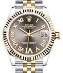 Mid Size Datejust 31mm in Steel with Yellow Gold Fluted Bezel on Jubilee Braclet with Dark Grey Roman Dial - Diamond on 6