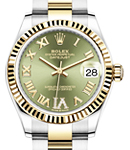 Midsize Datejust 31mm in Steel with Yellow Gold Fluted Bezel on Oyster Braclet with Green Roman Dial - Diamonds on 6