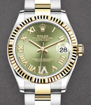 Midsize Datejust 31mm in Steel with Yellow Gold Fluted Bezel on Oyster Braclet with Green Roman Dial - Diamonds on 6