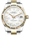 Midsize Datejust 31mm in Steel with Yellow Gold Fluted Bezel on Oyster Braclet with MOP Diamond Dial