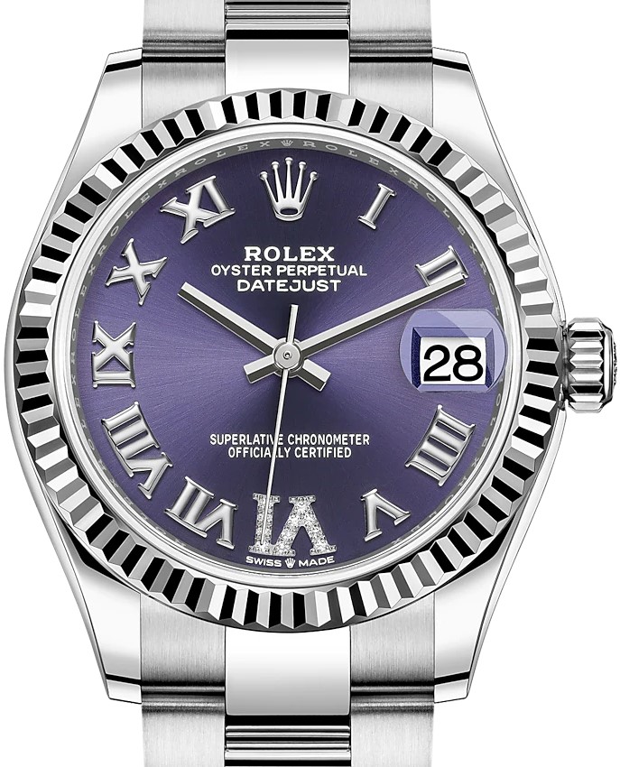 Mid Size 31mm Datejust in Steel with Fluted Bezel on Steel Oyster Bracelet with Purple Roman Dial - Diamonds on 6