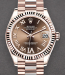 Datejust 31mm Mid Size in Rose Gold with Fluted Bezel on President Bracelet with Chocolate Roman Dial - Diamonds on 6
