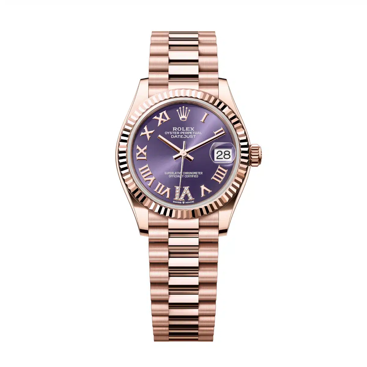 Datejust 31mm Mid Size in Rose Gold with Fluted Bezel on President Bracelet with Purple Roman Dial - Diamonds on 6