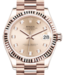 Datejust 31mm Mid Size in Rose Gold with Fluted Bezel on President Bracelet with Pink Diamond Dial