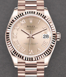 Datejust 31mm Mid Size in Rose Gold with Fluted Bezel on President Bracelet with Pink Roman Dial