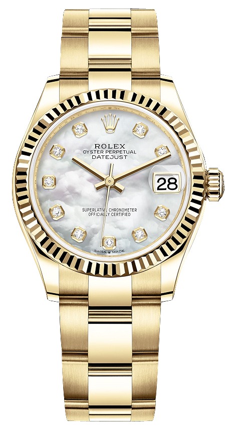 President 31mm Mid Size in Yellow Gold with Fluted Bezel on Oyster Bracelet with MOP Diamond Dial