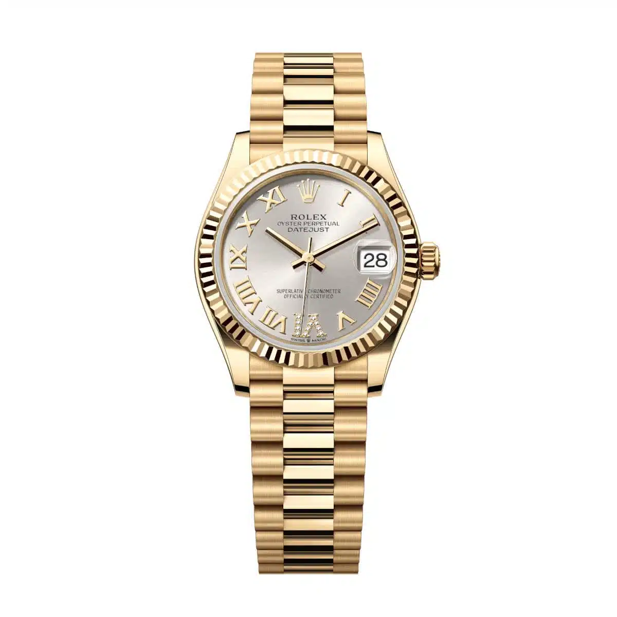 President 31mm Mid Size in Yellow Gold with Fluted Bezel on President Bracelet with Silver Roman Dial - Diamonds on 6