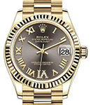 President 31mm Mid Size in Yellow Gold with Fluted Bezel on President Bracelet with Dark Grey Roman Dial - Diamond on 6