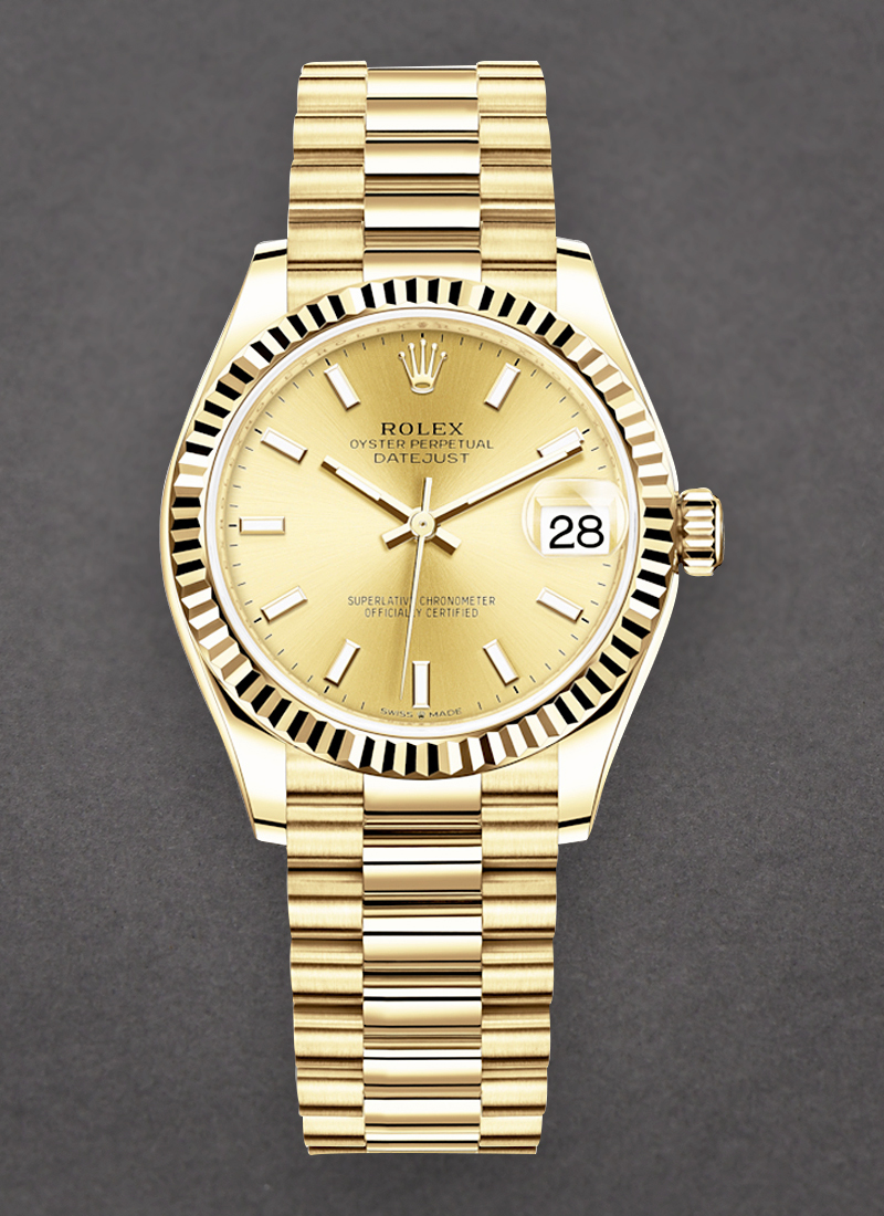 Rolex Unworn President 31mm Mid Size in Yellow Gold with Fluted Bezel