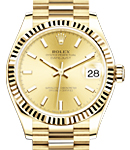 President 31mm Mid Size in Yellow Gold with Fluted Bezel on President Bracelet with Champagne Stick Dial