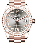 Datejust 31mm in Rose Gold with Dimoand Bezel on President Bracelet with Rhodium Roman Dial - Diamonds on 6