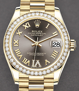 President 31mm in Yellow Gold with Diamond Bezel on President Bracelet with Dark Grey Roman Dial - Diamond on 6