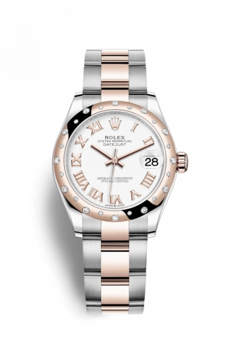 Datejust 31mm in Steel with Rose Gold 24 Diamond Bezel on Oyster Bracelet with White Roman Dial