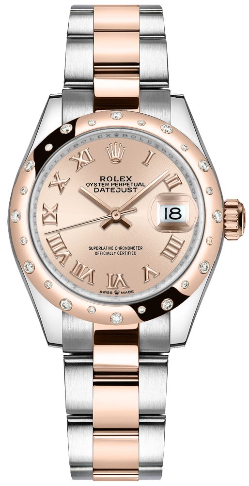 Datejust 31mm in Steel with Rose Gold 24 Diamond Bezel on Oyster Bracelet with Pink Roman Dial
