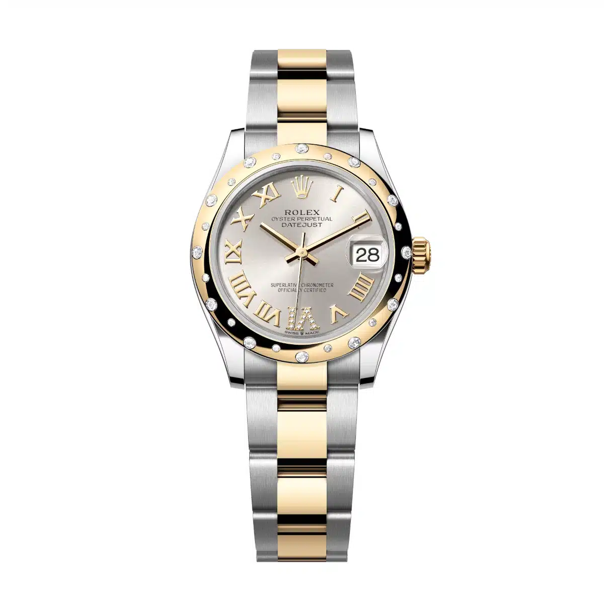 Midsize 31mm Datejust in Steel with YG 24 Diamond Bezel on Oyster Bracelet with Silver Roman Dial - Diamonds on VI