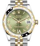 Midsize 31mm Datejust in Steel with Yellow Gold 24 Diamond Bezel on Jubilee Bracelet with Green Roman Dial - Diamonds on 6