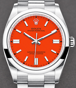 Oyster Perpetual No Date 36mm in Steel Ref 126000 on Oyster Bracelet with Coral Red Dial