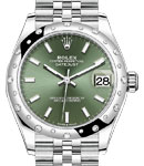 Mid Size Datejust in Steel with White Gold 24 Diamonds Bezel on Jubilee Bracelet with Green Stick Dial