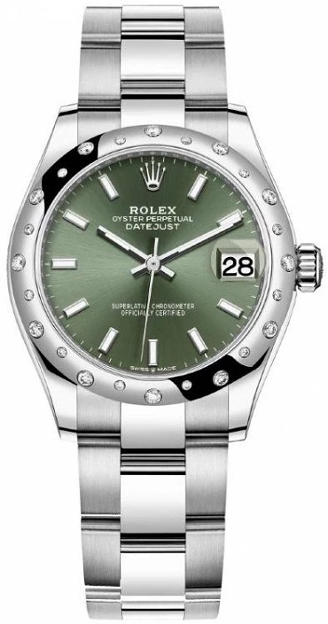 Mid Size Datejust in Steel with White Gold 24 Diamonds Bezel on Oyster Bracelet with Green Stick Dial