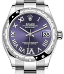 Mid Size Datejust in Steel with White Gold 24 Diamonds Bezel on Oyster Bracelet with Purple Roman Dial - Diamonds on 6