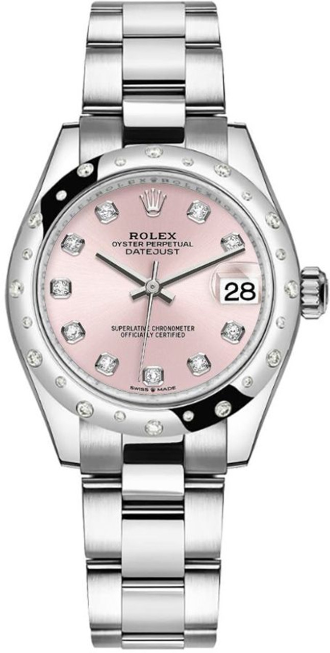 Mid Size Datejust in Steel with White Gold 24 Diamonds Bezel on Oyster Bracelet with Pink Diamond Dial