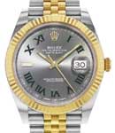 Datejust 41mm in Steel with Yellow Gold Fluted Bezel on Jubilee Bracelet with Slate Green Roman Wimbledon Dial