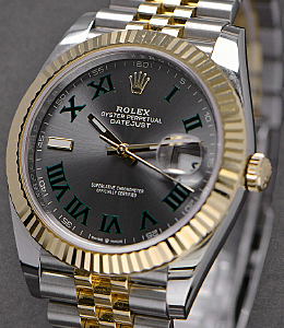 Datejust 41mm in Steel with Yellow Gold Fluted Bezel on Jubilee Bracelet with Slate Green Roman Wimbledon Dial