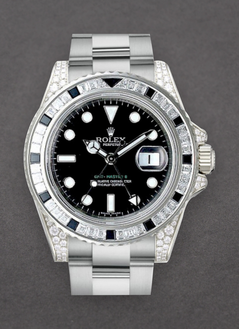 Pre-Owned Rolex GMT Master II 40mm in White Gold with Baguette Diamond Bezel