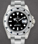 GMT Master II 40mm in White Gold with Baguette Diamond Bezel on Diamond Oyter Bracelet with Black Dial