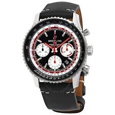 Navitimer B01 Chronograph in Steel Swissair Edition on Black Leather Strap with Tang Buckle and Black Dial