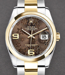 Datejust 36mm in Steel with Yellow Gold Smooth Bezel on Oyster Bracelet with Brown Floral Dial