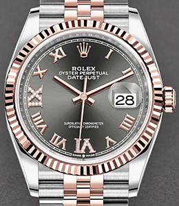 Datejust 36mm in Steel with Rose Gold Fluted Bezel on Jubilee Bracelet with Dark Rhodium Roman Dial with Diamonds on 6 & 9