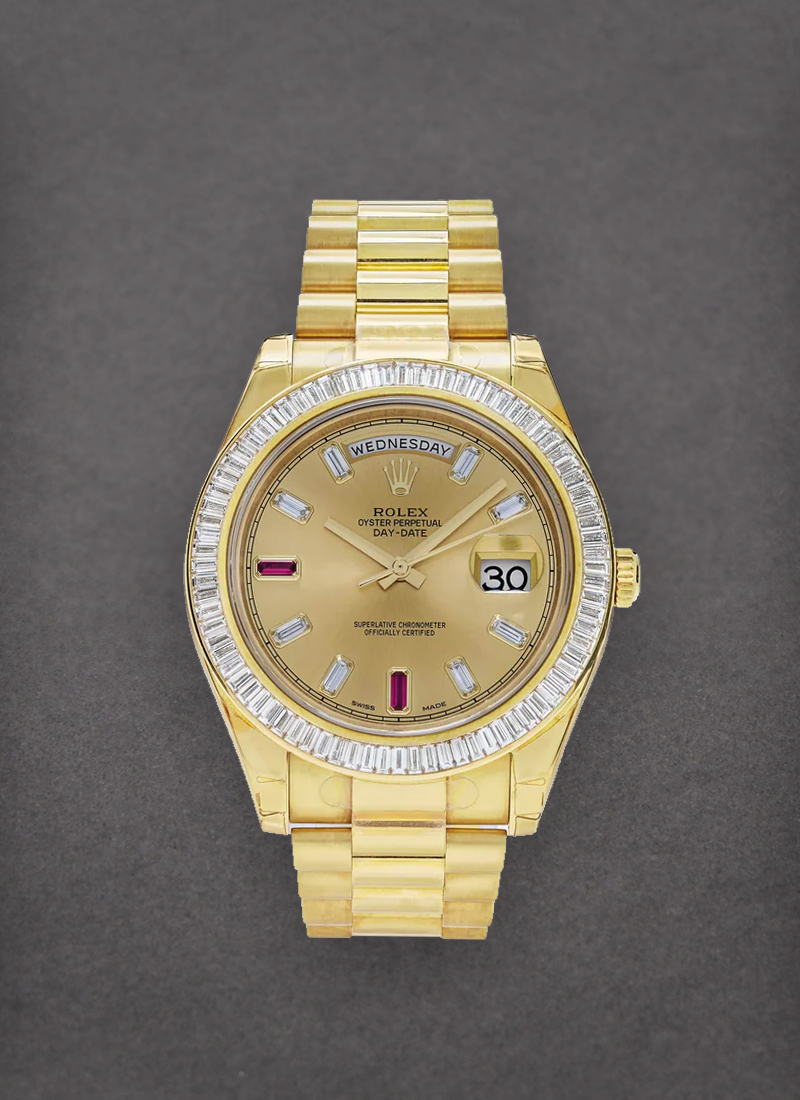 Pre-Owned Rolex Day-Date President in Yellow Gold with Baguette Diamond Bezel