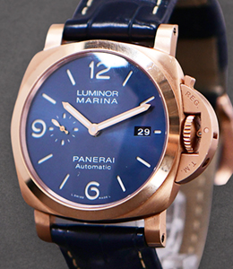 PAM 01112 Luminor Marina Goldtech Sole in Rose-Gold on Blue Leather Strap with Blue Dial