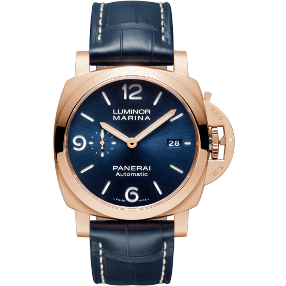 PAM 01112 Luminor Marina Goldtech Sole in Rose-Gold on Blue Leather Strap with Blue Dial