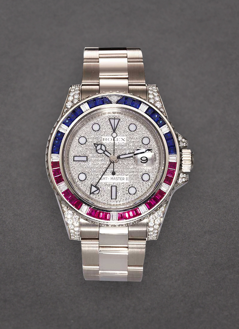 Pre-Owned Rolex GMT Master II 40mm in White Gold with Ruby Baguette Diamond Bezel and Lugs