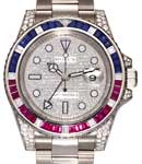 GMT Master II 40mm in White Gold with Ruby Baguette Diamond Bezel and Lugs on Oyter Bracelet with Pave Diamond Dial