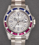 GMT Master II 40mm in White Gold with Ruby Baguette Diamond Bezel and Lugs on Oyter Bracelet with Pave Diamond Dial