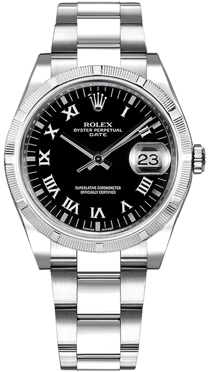 Date 34mm in Steel with Engine Turned Bezel on Oyster Bracelet with Black Roman Dial