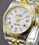 Mid Size Datejust in Steel with Yellow Gold Fluted Bezel on Jubilee Bracelet with White Roman Diamond Dial