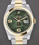 Datejust 36mm in Steel with Yellow Gold Smooth Bezel on Oyster Bracelet with Green Floral Dial