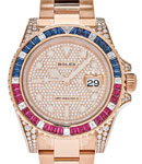 GMT Master II in Rose Gold with Pepsi Sapphire Bezel - Diamonds on lugs on Oyster Bracelet with Pave Diamond Dial
