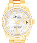 Midsize 31mm President in Yellow Gold with Diamond Bezel on President Bracelet with MOP Diamond Dial