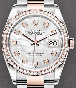 Datejust 36mm in Steel with Rose Gold Diamond Bezel on Oyster Bracelet with MOP Diamond Dial