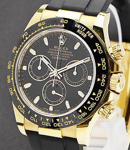 Daytona 40mm Cosmograph in Yellow Gold with Black Bezel on Strap with Black Dial