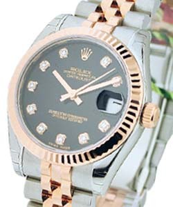 Ladies Datejust 26mm in Steel with Rose Gold Fluted Bezel on Jubilee Bracelet with Black Diamond Dial