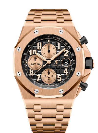 Royal Oak Offshore Chronograph in Rose Gold on Rose Gold Bracelet with Black Mega Tapisserie Dial