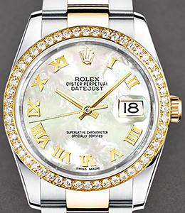 Datejust 36mm in Steel with Yellow Gold Diamond Bezel on Oyster Bracelet with MOP Roman Dial